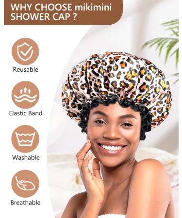 Mikimini Leopard Large Shower Hoods 2-Pack | Waterproof & Washable Shower Caps for Long Hair with Black Lace - XL Size for Women - Buy Online on SooperMarket.com