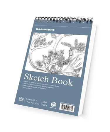 Bachmore Sketchpad 5.5X8.5 Inch (68lb/100g), 100 Sheets of Spiral Bound Sketch Book for Artist Pro & Amateurs | Marker Art, Colored Pencil, Charcoal for Sketching (1 Pack)