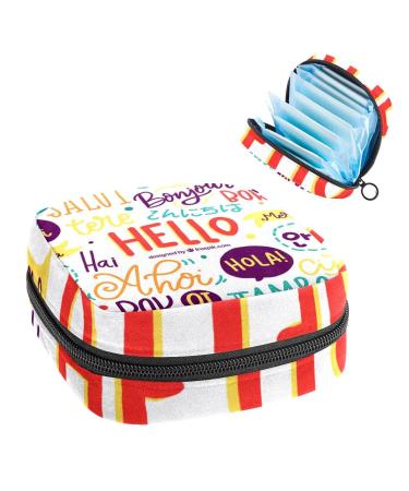 Hello Different Language Sanitary Napkin Storage Bag Feminine Menstrual Cup Pouches Nursing Pad Holder Tampon Bags Portable Period Bag for Women Teen Girls 1Pcs Multi-colored 3