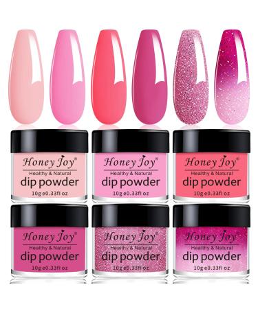 Honey Joy Color Changing Dip Powder Nail Kit Starter 6 Colors Summer Glitter Pink Dipping Powder Set Nail Art Manicure DIY Salon Home Gifts for Women No Need Nail Lamp Cured DP-V