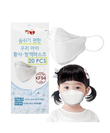 (Pack of 20) Evergreen Clean Top Premium 3D Disposable White Kids KF-94 Face Mask Age 3-9 Old 3-Layer Filters Protective Dust Mask Individual Packs Made in Korea.