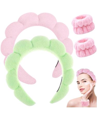 Spa Headband for Washing Face Makeup Headband Bubble Skincare Headbands with Face Wash Wristbands Terry Cloth Headband Soft Puffy Headband for Women Gifts Pink+Light green