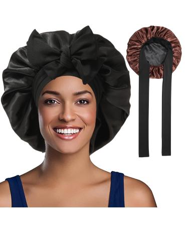 Welrog satin hair hood for women - double -sided satin silk hood to sleep sleeping hood hair protect hair hood for the night satin bonnet black/coffee