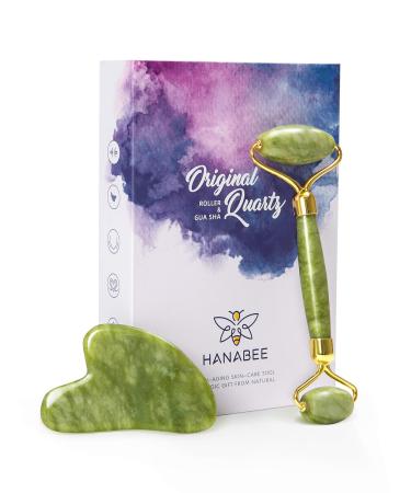 HANABEE Rose Quartz Facial Roller Jade Roller Gua Sha Facial Tools Face Roller and Gua Sha Massage Tool Body gua-sha Scalp Beauty Gift for Women Face Roller Massager (Green)