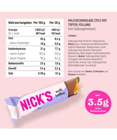 Buy Nicks Keto Riegel Soft Toffee & Chocolate Caramel Snacks - Low Carb Gluten-Free 110 Calories 3.5 Net Carbs (15x28g) - Buy Online on SooperMarket.com
