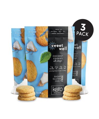 Sweetwell Coconut Cookies - Low Carb, Keto, Gluten-Free Snack with Real Ingredients, Stevia Sweetener, Collagen - Sugar-Free 3.2 oz (Pack of 3) - Buy Online on SooperMarket.com