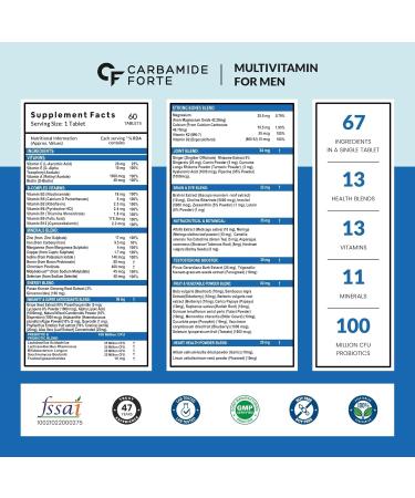 Carba..mide Forte Multivitamin for Men(60 Veg Tablets) Immunity & Energy with 67 Ingredients |Multi Vitamins Minerals Probiotics Superfoods Fruits & Vegetable Blend  - Buy Online on SooperMarket.com