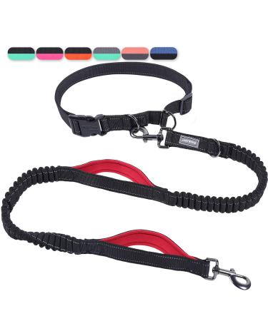 Vivaglory free-handed dog leash with double padded handles and anti-shock bungees reflective waist running leash for jogging training for medium large dogs black/red s: fits the waist 65-112cm black/red