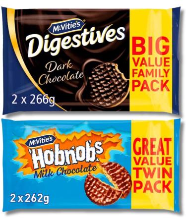Mcvities Biscuits Multipacks - McVities Digestives Biscuits Dark Chocolate 2x266g and McVitie's Hobnobs Biscuits The Oaty One Milk Chocolate 2x262g Bundled | Great Deal | Sold by ESSENTIAL PRODUCTS