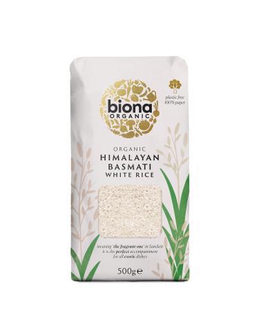 Biona Organic Himalayan Basmati Rice 500g - Long Grain White Rice - Ideal for Stir Frys Salads & Currys - Non GMO Vegan - Plastic Free Recyclable Packaging 500 g (Pack of 1)