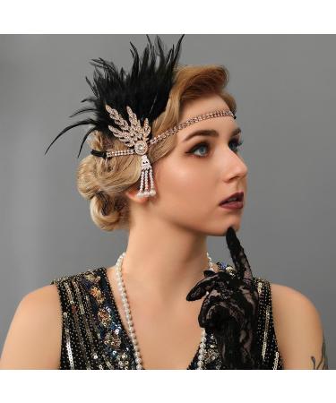 Handcess 1920s Flapper Feather Headband Black Feather Crystal Headband Women's Vintage Pearl Flapper Headpiece 20's Theme Cocktail Hair Accessories for Costume Prom Carnival Party - Buy Online on SooperMarket.com