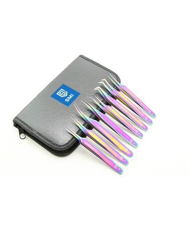 SMI 8 pieces of eyelashes tweezers eyelash tweezing eyelash extensions tweezers pointed eyelash curler bent and stainless steel artificial 3D 6d volume eyelashes with case (color rainbow)