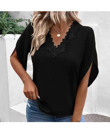 Socobeta Short Sleeve T Shirt Polyester Stylish Skin Friendly Lace Women V Neck Blouse for Office Work Black L