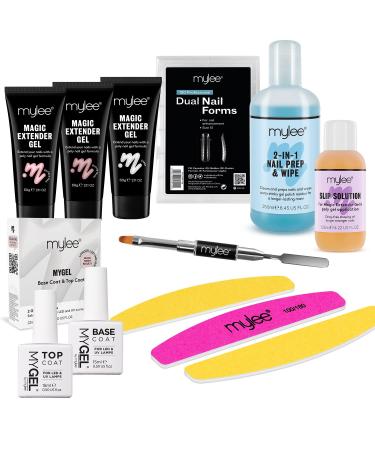 Mylee Magic Extender Gel Nail Kit 3x MYGEL Gel Colours Slip Solution 125ml MYGEL Top & Base Coat Nail Prep & Polish Wipe 250ml 3x Nail Files 120x Plastic Dual Nail Forms Dual Ended Tool