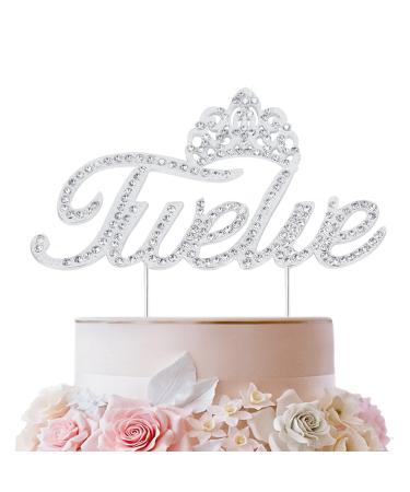 LINGTEER Twelve Birthday Cake Topper with Crown Sign | Silver Bling Crystal Rhinestone Birthday Keepsake | Happy 12th Birthday Party Decorations Gift Supplies