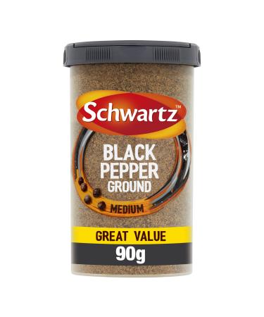 Schwartz Ground Black Pepper Drum 90 G Hot Spicy & Zesty Taste Woody and Piney Flavour Versatile Spice Enhances Any Dish Perfect for Adding to Savoury Dishes Salads Roast Meat & Eggs single