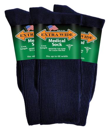 Extra Wide Men's and Women's Up to 6E Unisex Medical Mid Calf Crew 3PK Antimicrobial Made in USA! S Navy