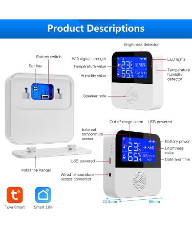 WiFi Hygrometer Thermometer with External Probe - Wireless Digital Monitor for Home, Greenhouse, Fish Tank & Refrigerator - Tuya App Compatible - Real-time Sync & Backlight LCD - Buy Online on SooperMarket.com