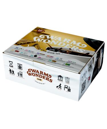 WarmWonders Gold - 10 Mugs Hot Drink Set - Coffee and Tea Gift Basket - Includes Assortment of Gold Coffee Tea Bags Biscuits Semi Milk Sticks and More - Airport Security Approved Gift Basket