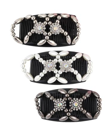 Kytpyi Hair Slides for Women Hair Combs Slides for Women 3PCS Double Clip Magic Elastic Beaded Hair Combs Double Sided Clips Hair Comb for Women Girls DIY Hairstyling Hair Accessories (Flowers) Floral