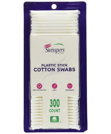 Swisspers Cotton Swabs, 100% Cotton Double-Tipped, White Plastic Sticks, 300 Count Package