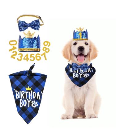 WLLHYF Dog Birthday Party Supplies Boy Dog Birthday Bandana Set with Cute Dog Bow Tie Dog Birthday Crown Hat with Numbers Small Medium Large Dogs(Blue)