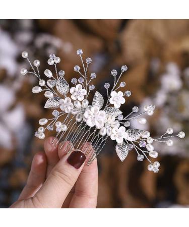 Edary Bridal Wedding Hair Combs Crystal Flower Bridal Headpiece Pearls Hair Clips Hair Accessories for Women and Girls (Silver)