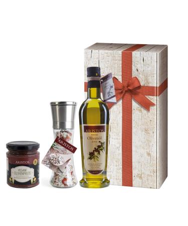3 TLG Greek olive oil gift set Christmas |Gift basket with oil sea salt tapenade |In gift box with wood look and loop |Aristos (oil salt paste)