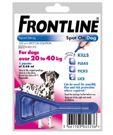 FRONTLINE SPOT ON FOR LARGE DOGS 20-40KG -FLEA TICK & MITE KILLS & PREVENTS (1 PIPETTE PACK)