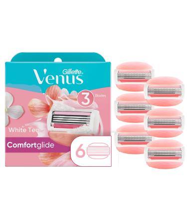 Gillette Venus ComfortGlide Womens Razor Blade Refills, 6 Count,(Pack of 1) White Tea Scented Gel Bar Protects Against Skin Irritation 6 Refills