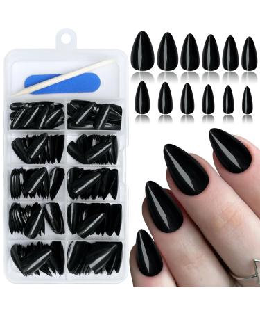 240Pcs Almond Press on Nails Short Black Glue on Nails Full Cover Glossy Fake Nails Acrylic Almond Nails Press ons Artificial False Nails for Women Girls Fingernails Design
