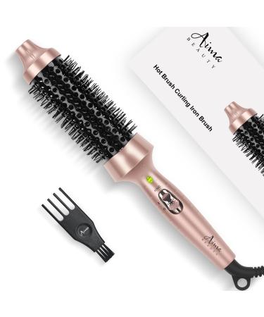 Aima Beauty Heated Round Brush 1.3"/35mm Ionic Straightening Brush Hair Curling Iron Brush Create Smooth & Shiny Blowout Look Fast Heating Thermal Brush Dual Voltage 60Mins Auto Shut Off Gold 1.3 inch/35 mm