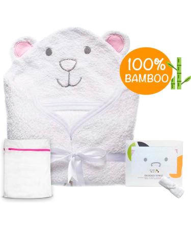 JM Organic Bamboo Hooded Baby Towel Set - Hypoallergenic & Absorbent - Perfect Baby Gift - Pink Bear Design - Includes Washcloth & Laundry Bag - 35x35 inches - Buy Online on SooperMarket.com