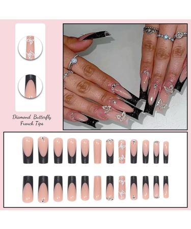 Black Butterfly False Nails Set - 24PCS French Square Tips with Glitter Diamond Design & Jelly Adhesive - Women's Nail Art - Buy Online on SooperMarket.com