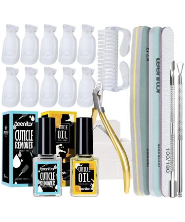 Teenitor Nail Gel Polish Removing Nail Starter Tools Kit with Cuticle Remover Cuticle Oil Nail Clips Nail Remover Cotton Pad  Nail Cuticle Nippers Cuticle Pusher Cuticle Peeler Nail File Buffer Block