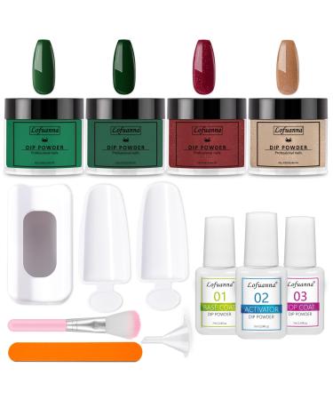 Lofuanna Dip Powder Nail Kit Starter-4 Colors Dipping Powder with Base&Top Coat&Activator No UV/LED Needed All-in-One DIY French Nail Art Manicure Set for Beginners (A1-Holiday Limited)