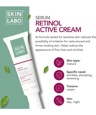 SkinLabo Retinol Active Cream Reduces Irritation and Appearance of Fine Lines Anti-Wrinkle Action with Microencapsulated Retinol Hyaluronic Acid - 30 ml New Version - Buy Online on SooperMarket.com