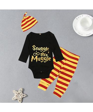 Baby Snuggle This Muggle Bodysuit Set 6-9 Months | Black Long Sleeve Outfit with Striped Pants & Hat - Buy Online on SooperMarket.com