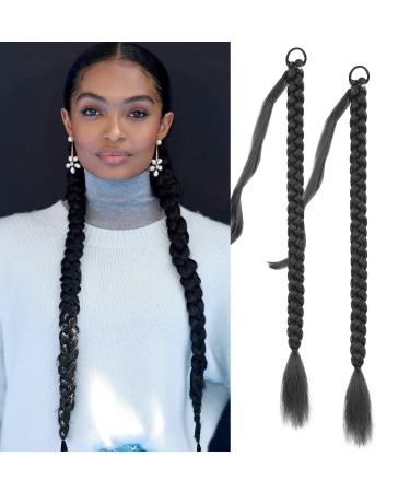 Fulang Hair 2PCs Braid Ponytail Extension braid with hair tie hair part for brilliant long ponytail art hair for women braided hair part (1b#)