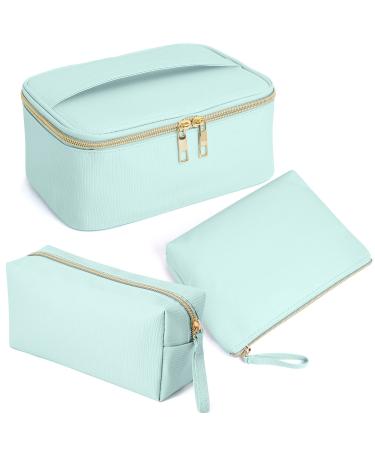 MAGEFY Cosmetic Bag 3 Pcs Portable Waterproof Travel Makeup Bag Organizer Multifunction PU Leather Toiletry Bag For Women and Girls, Green