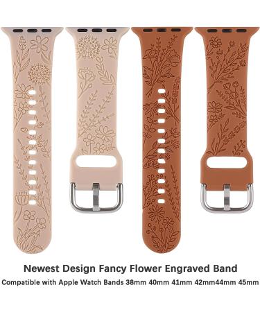 Flower Engraved Silicone Band Compatible with Apple Watch Bands 38mm 40mm 41mm  Cute Women Wildflowers Floral Design Soft Sport Strap Replacement Wristbands for iWatch Series 8 7/SE/6/5/4/3/2/1 38/40/41mm Walnut Brown Brown - Buy Online on SooperMarket.com