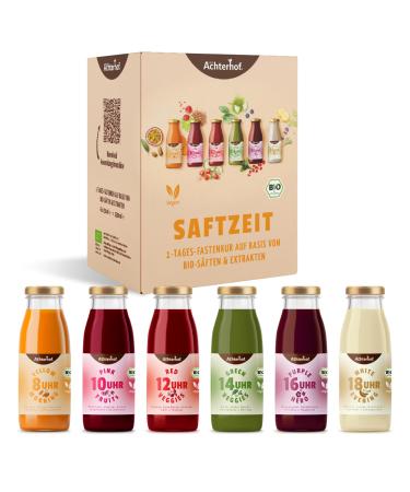 Safe time 1-day fasting cure Bio |6 bottles with coordinated fruit and vegetable juices refined with herbs spice or flower extracts |Fruity-sweet in taste |From the Achterhof Saftzeit 1.5 l (1 Pack)