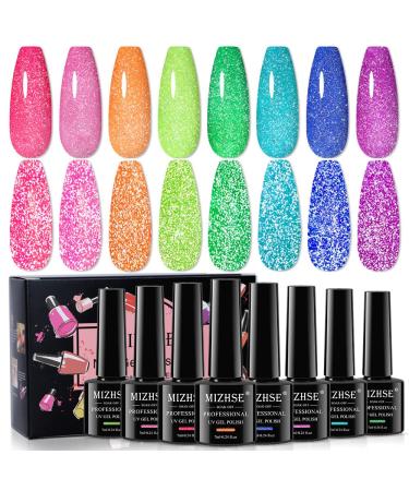 MIZHSE Neon Reflective Gel Polish Set, Reflective Glitter Gel Polish Sparkly Shiny Disco Shimmer Nail Polish Gel Kit Fluorescent Bright UV LED Soak Off Nail Gel Polish for DIY Nail Art Salon (Neon Reflective Gel Polish Set)