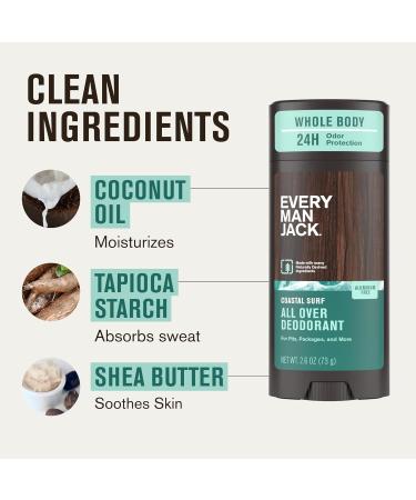 Every Man Jack All Over Deodorant - 24 Hour Whole Body Odor Protection - Aluminum Free - Coastal Surf Scent 2.6 oz (1 Pack) Coastal Surf 2.6 oz (Pack of 1) - Buy Online on SooperMarket.com