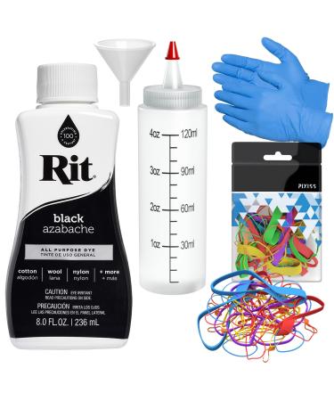 Rit Dye Liquid Black All-Purpose Dye 8oz, Pixiss Tie Dye Accessories Bundle with Rubber Bands, Gloves, Funnel and Squeeze Bottle