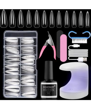BISHENGYF Gel Nail Extension Set with Lamp Starter Kit 2 In 1 Nail Glue and Base Gel with 120pcs Stiletto Nail Tips and Led Lights Acrylic Nail Clipper for Gel Art Polish DIY Manicure Z-BLACK