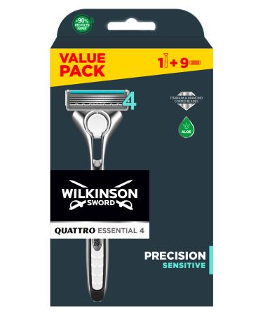 WILKINSON SWORD - Quattro Titanium For Men | Sensitive Comfort | Razor Handle + 9 Blade Refills 1 Count (Pack of 1)