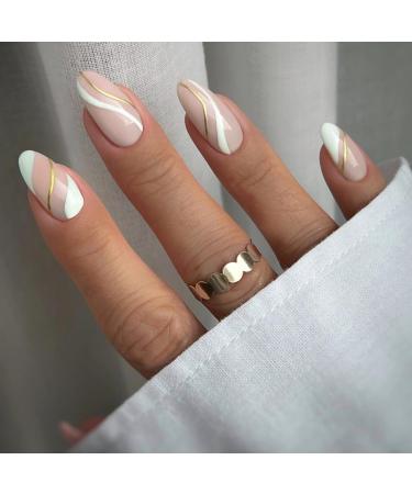 JUSTOTRY 24 Pcs Gold Wavy Short False Nails Stiletto White French Press on Nails Pattern Pretty Fake Nails Short with Nail Glue Almond Medium Stick on Nails for Women Nails Fake Nail for Nails Art white&wavy2