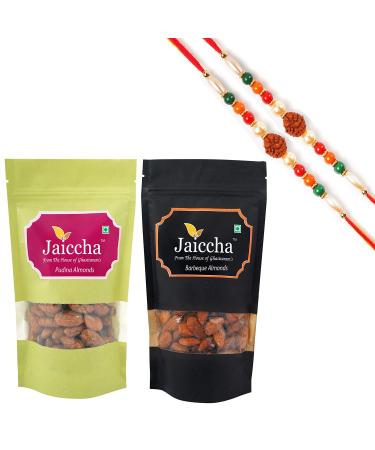 Jaiccha Ghasitaram Rakhi Gifts for Brothers Rakhi Dryfruits - Pack of 2 Pudina Barbeque Almonds Pouches Small 200 GMS with 2 Rudraksh rakhis