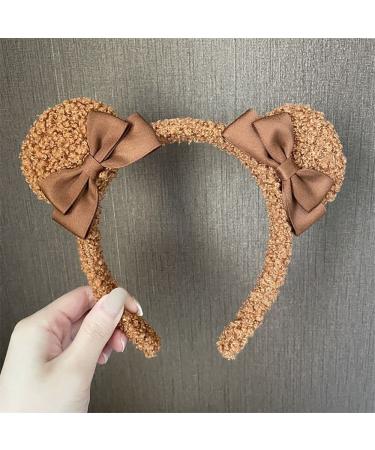 SPDD Bear Ears Headband Cute Bow Knot Hairband Plush Headband Washing Face Hair Hoop Women Girls Headdress for Costume Party Decoration(Coffee)